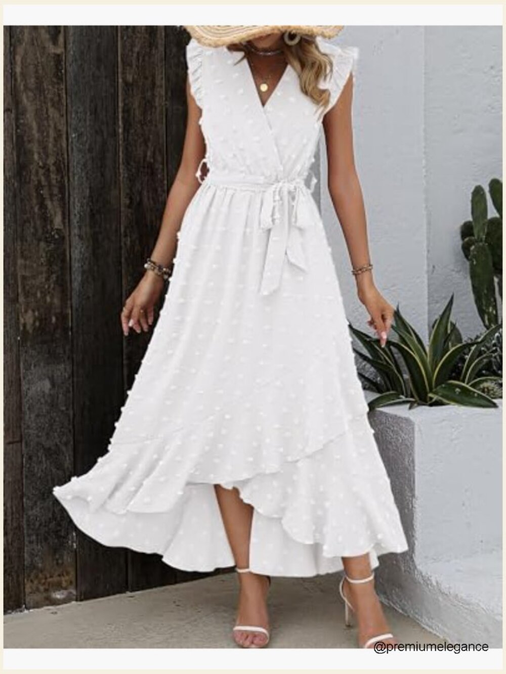 Swiss Dot Maxi Dress with V-Neck, Cap Sleeves, and Tie Waist - Picture 3 of 7